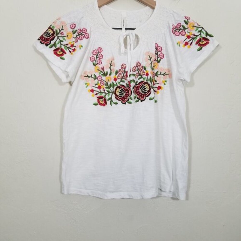 Anthropologie Embroidered Floral Top Blouse White Size XS